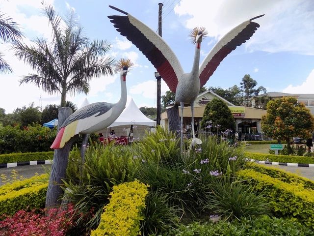 Grey crowned crane sculptures in the gardens of Igongo Cultural Centre